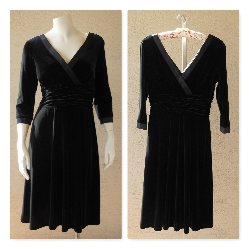SANDRA DARREN Black Velvet Dress Satin Trim PETITE